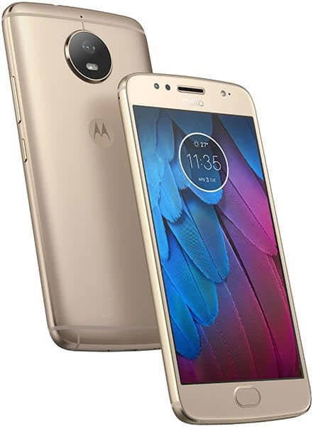 Motorola Moto G5S front and rear view, gold, showing circular rear camera and colorful display with time and date