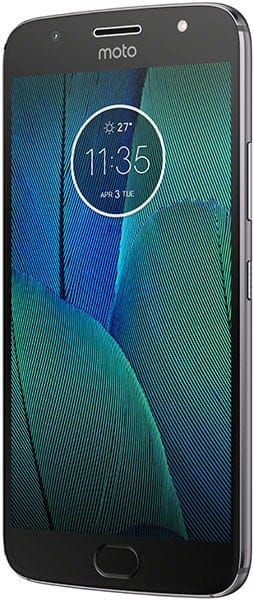 Motorola Moto G5S Plus front view, black smartphone with blue-green wallpaper on screen showing time and weather