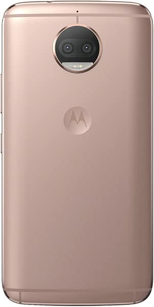 Motorola Moto G5S Plus rear view, rose gold, showing dual-lens camera and Motorola logo