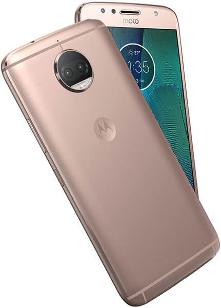 Motorola Moto G5S Plus, rear and front view, rose gold finish with circular camera lens and Motorola logo visible