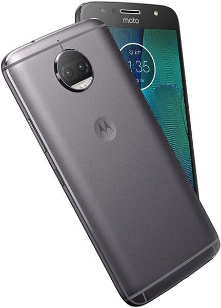 Motorola Moto G5S Plus, rear and front view, showing gray back with circular camera lens and front screen displaying time and date