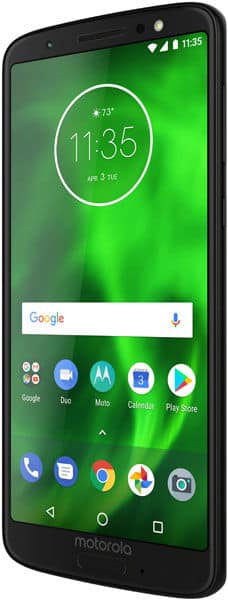 Motorola Moto G6 front view with green lock screen displaying time 11:35, Google search bar, and app icons including Phone, Messages, Chrome, and Photos