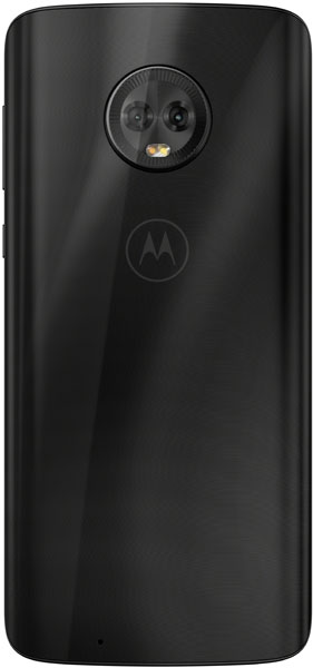 Motorola Moto G6 rear view showing dual camera and Motorola logo on black background