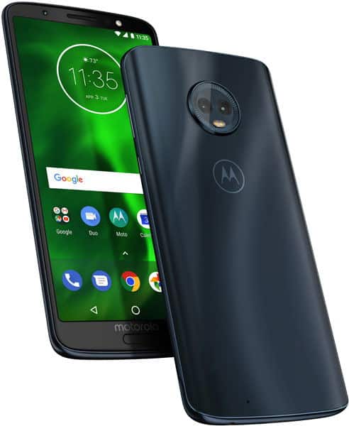 Motorola Moto G6 front and rear view showing green home screen with time display and dual rear cameras on dark blue body