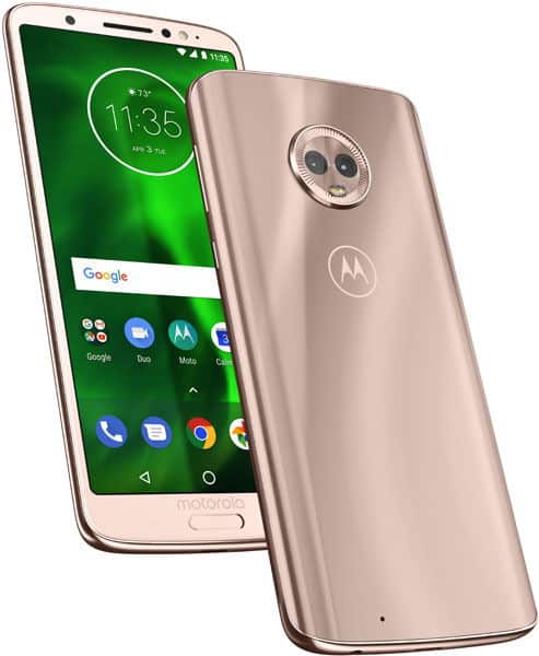 Motorola Moto G6 front and rear view in champagne gold, showing green home screen with app icons and dual rear cameras