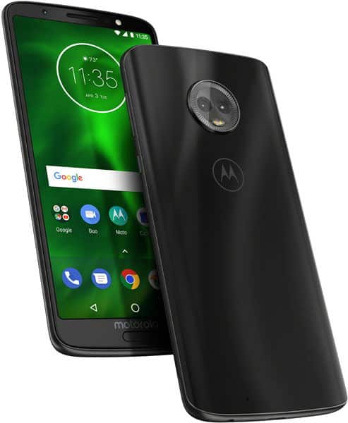 Motorola Moto G6 front and rear view, black phone displaying green home screen with Google search bar and app icons