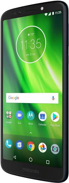 Motorola Moto G6 Play front view, displaying green wallpaper with time 11:35, Google search bar, and home screen app icons