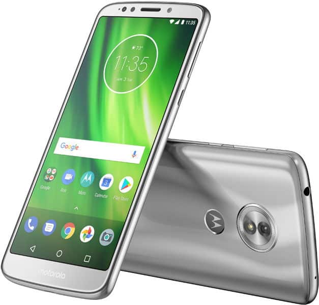 Motorola Moto G6 Play front and rear view, white and silver, showing green lock screen and app icons
