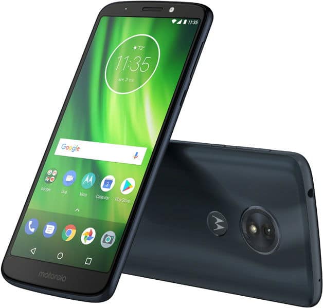 Motorola Moto G6 Play front and rear view, black smartphone with green lock screen display and dual rear cameras