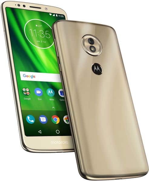 Motorola Moto G6 Play front and rear view, gold finish, with green Android interface displaying time 11:35 and home screen icons