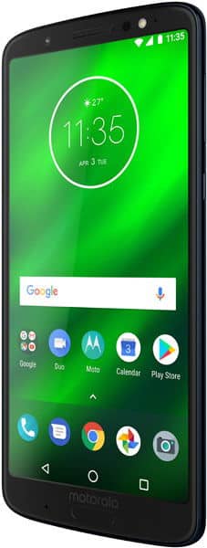 Motorola Moto G6 Plus front view, displaying green lock screen with time 11:35, Google search bar, and home screen app icons