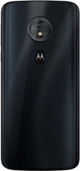 Motorola Moto G6 Plus rear view, black phone with circular dual camera and LED flash, Motorola logo centered below