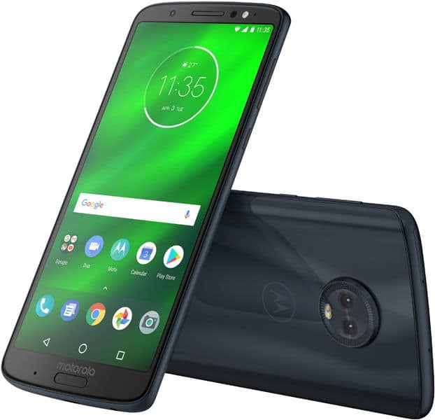 Motorola Moto G6 Plus front and rear view, showing green lock screen display and dual rear camera setup