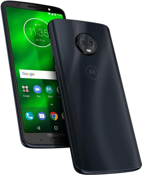 Motorola Moto G6 Plus front and rear view, black phone with green display showing time and app icons