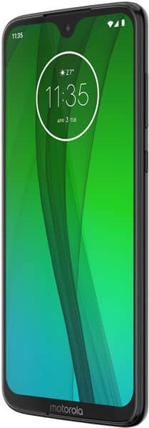 Front view of black Motorola Moto G7 showing green gradient display, time 11:35, date April 3, and small top screen notch.