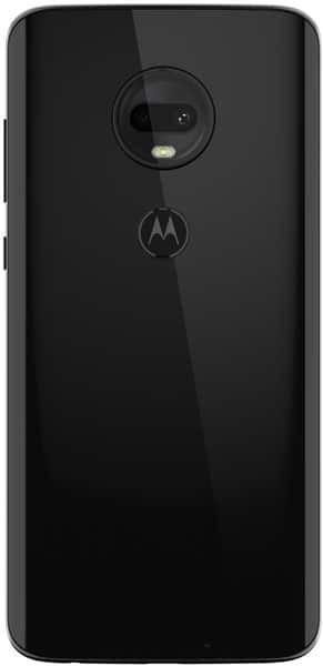 Rear view of black Motorola Moto G7 showing single camera with flash, Motorola logo, glossy finish, and rounded corners.