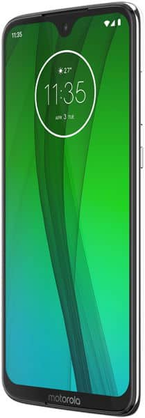 Motorola Moto G7 front angled view, green gradient screen, thin bezels, small top notch; display shows 11:35, April 3 Tuesday.