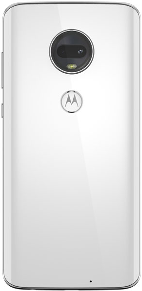 Motorola Moto G7 in white, rear view: circular camera module, flash, Motorola logo below; glossy finish and curved edges.
