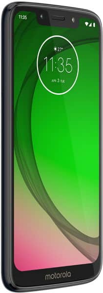 Motorola Moto G7 Play front view with green gradient display showing time 11:35 and weather widget
