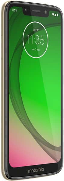 Motorola Moto G7 Play front view with green gradient display showing time 11:35 and curved design with pink accent at bottom