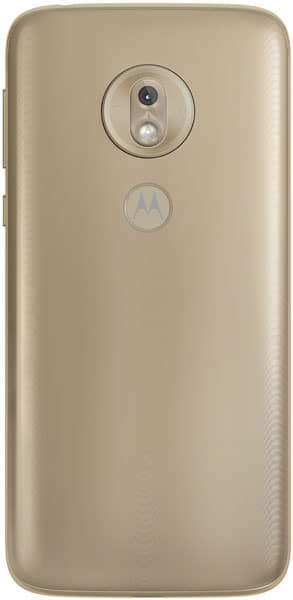 Motorola Moto G7 Play rear view showing gold finish, dual camera with LED flash, and Motorola logo