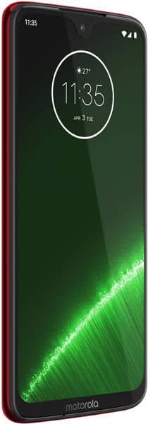 Motorola Moto G7 Plus front view with display showing time 11:35, green gradient wallpaper, and red back panel visible from the side
