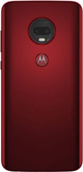 Motorola Moto G7 Plus rear view, deep red finish with circular camera lens and Motorola logo