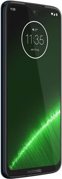Motorola Moto G7 Plus front view showing lock screen with time and green gradient wallpaper on dark display