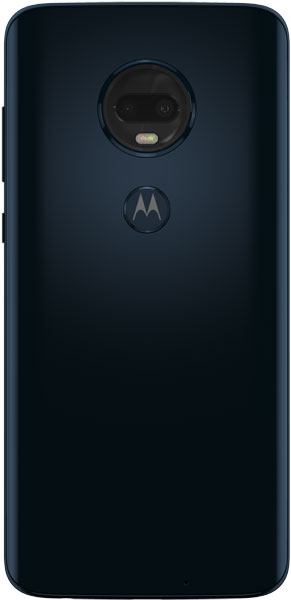 Motorola Moto G7 Plus, rear view, showing dark blue back with circular camera module and Motorola logo