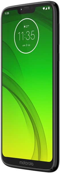 Motorola Moto G7 Power front view with green gradient display showing time and weather widgets