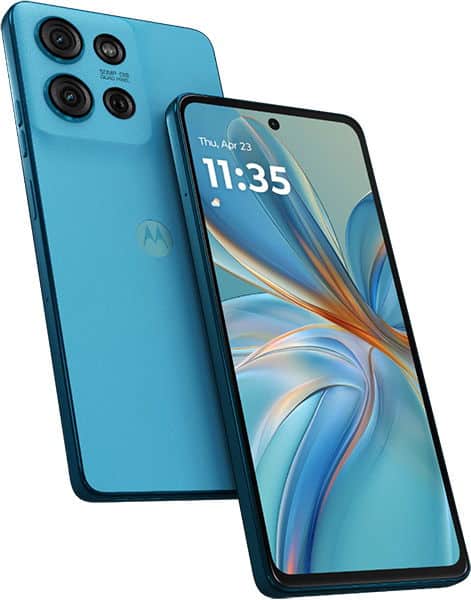 Motorola Moto G75 in sky blue, shown from rear and front angles with quad camera setup and display screen on