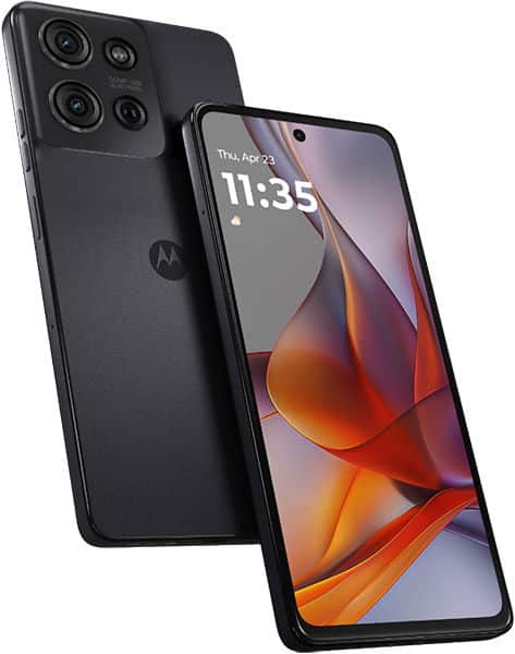 Motorola Moto G75 in black, shown from front and rear angles displaying quad camera setup and colorful abstract wallpaper on screen