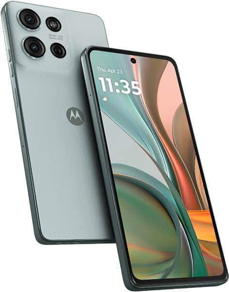 Motorola Moto G75 shown from rear and front, light blue back with quad camera setup, front display showing time 11:35