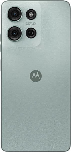 Motorola Moto G75 rear view showing quad camera setup and Motorola logo on light green back panel