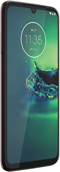 Front view of Motorola Moto G8 Plus showing black frame, rounded edges, teardrop notch, and screen with date and weather.