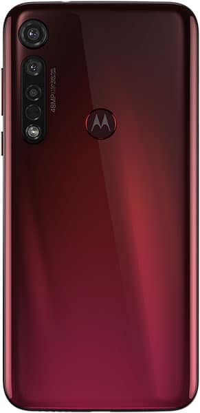 Rear view of maroon Motorola Moto G8 Plus with four vertical cameras, flash on upper left, and Motorola logo centered.