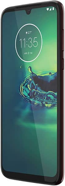 Front view of Motorola Moto G8 Plus showing time, date, weather; black front, maroon side button, water splash wallpaper.