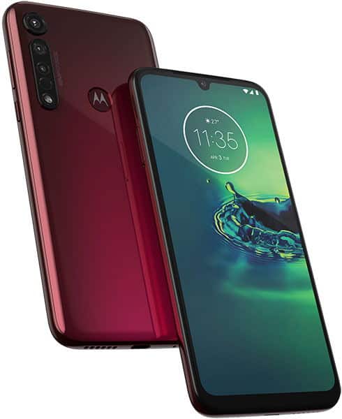 Motorola Moto G8 Plus in red, shown front and rear; front has 11:35 display, rear features triple cameras and logo.