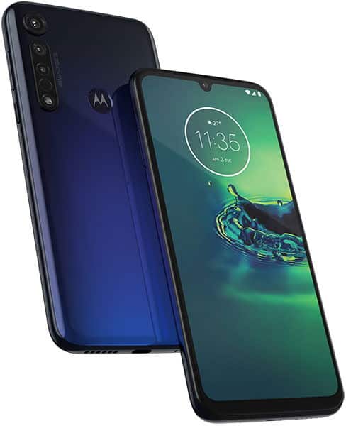 Motorola Moto G8 Plus front view with home screen at 11:35, and rear view showing triple cameras and fingerprint sensor.
