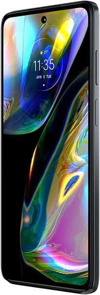 Motorola Moto G82 front view showing colorful display, slim black frame, rounded edges, side buttons. Screen shows 11:35, Apr 3.