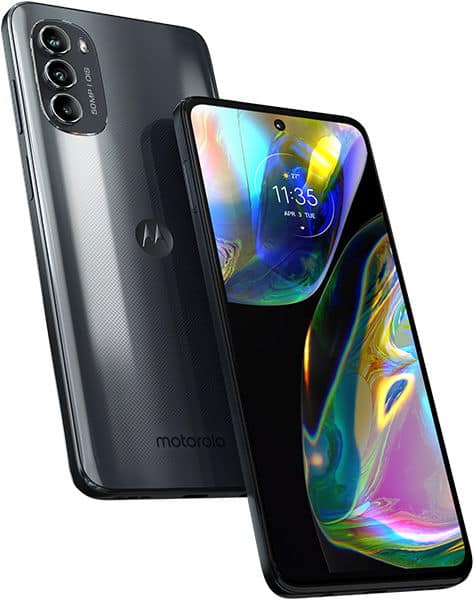 Motorola Moto G82 shown from front and rear; rear shows triple cameras, front shows display with 11:35 time and colorful wallpaper.