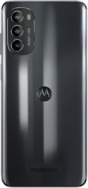 Rear view of black Motorola Moto G82 showing triple cameras, LED flash, center logo, and “50MP | OIS” text by the top lens.