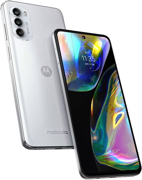 Motorola Moto G82 front and rear views; lit display with 11:35 time, white back, Motorola logo, triple cameras top left.
