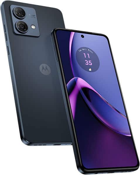 Motorola Moto G84 shown from rear and front angles, displaying dual rear cameras and purple-gradient display with clock widget