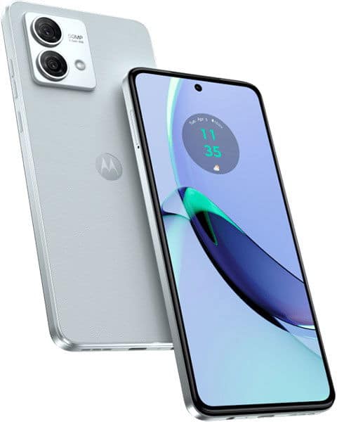 Motorola Moto G84 in light blue, shown from rear and front angles with dual rear cameras and purple-toned display screen visible