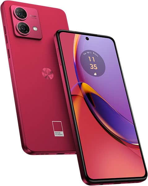 Motorola Moto G84 in red, shown from rear and front angles displaying dual rear cameras and colorful purple and red gradient display