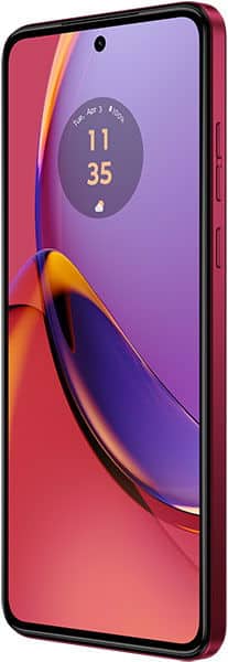 Motorola Moto G84 front view showing purple and pink gradient display with time 11:35 on screen and colorful abstract wallpaper