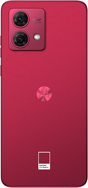 Motorola Moto G84 rear view in red, showing dual camera module and logo