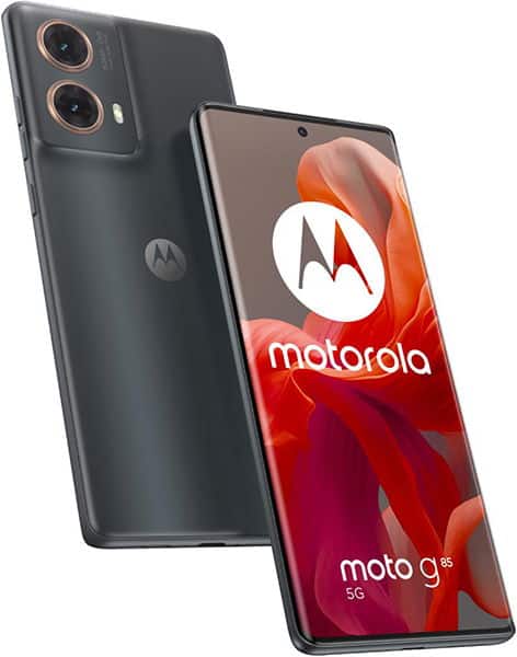 Motorola Moto G85 front and rear view showing dark charcoal body with dual rear cameras and Motorola branding on screen-on display
