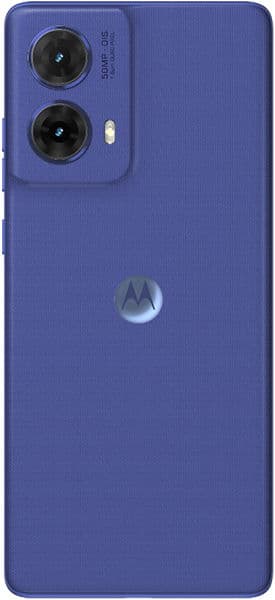 Motorola Moto G85 rear view, blue finish with dual camera module and Motorola logo visible